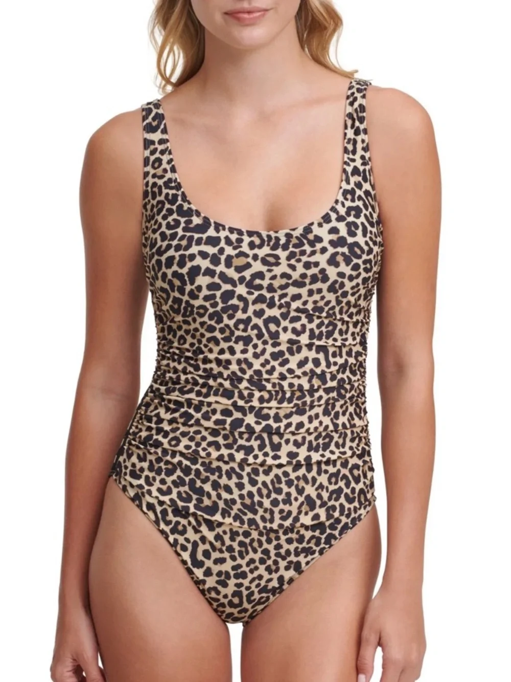 DKNY Leopard Print One-Piece Lined Swimsuit - Tan & Black Mesh Sides - Picture 1 of 8